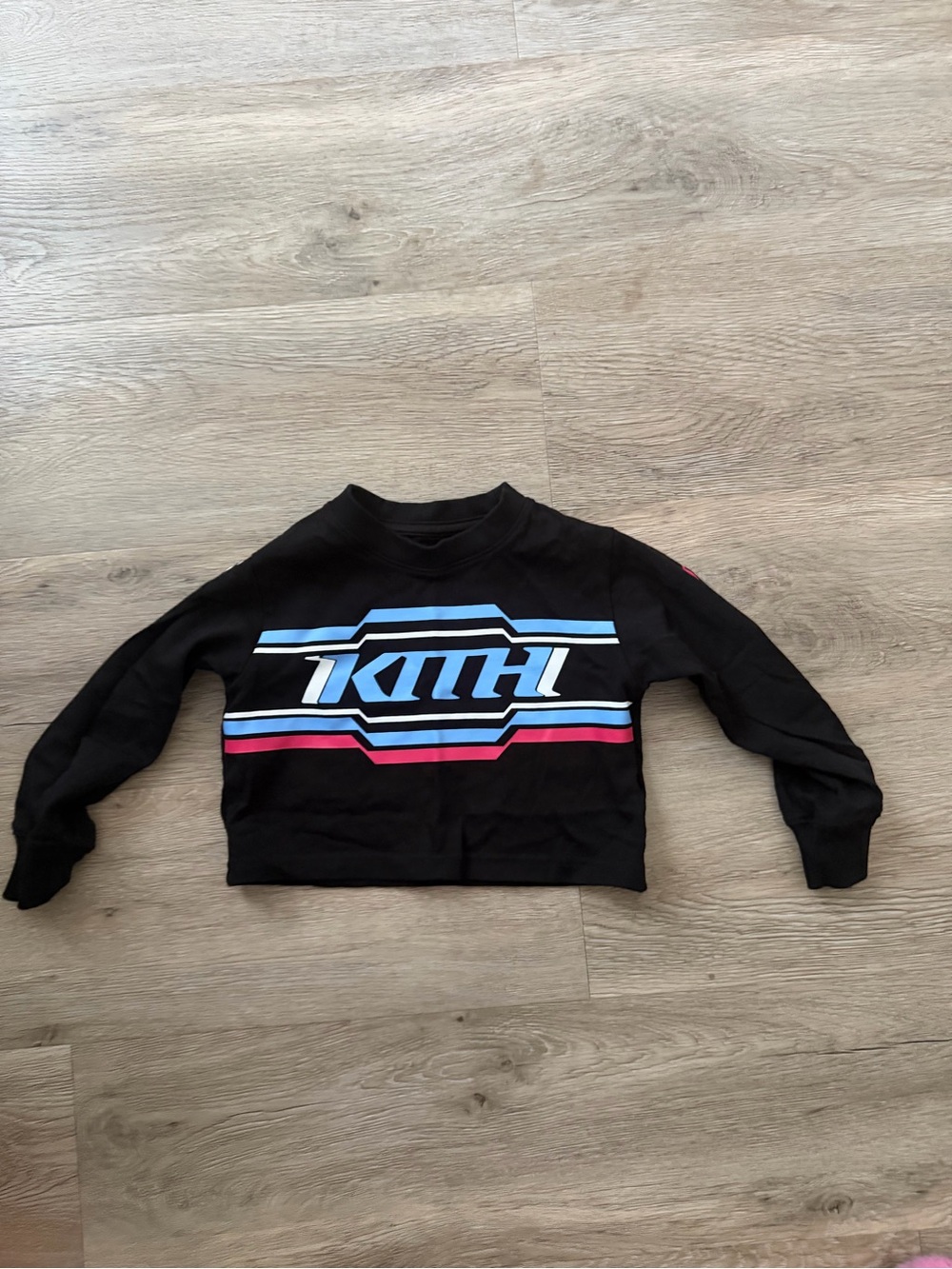 Kith Black Crewneck with Blue and Pink Logo Stripes